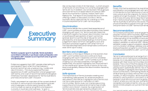 A picture of an executive summary for a report on LGBT inclusion in tennis