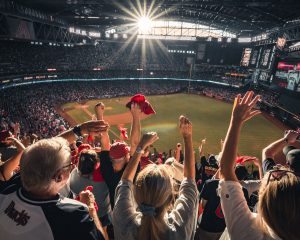 A picture of sports fans cheering at a sports game