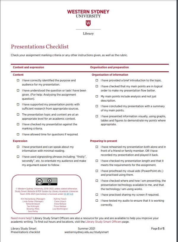 Presentations checklist provided by Western Sydney University. Click on the picture to link to the PDF resource.