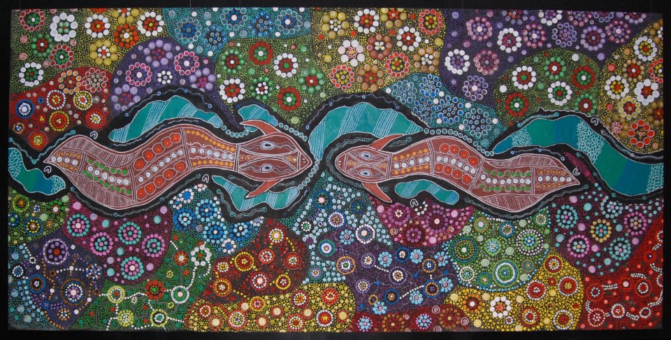 Aboriginal artwork depicting two eels, joining waterways and surrounding