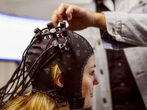 Picture of sensor equipment strapped to a person's head